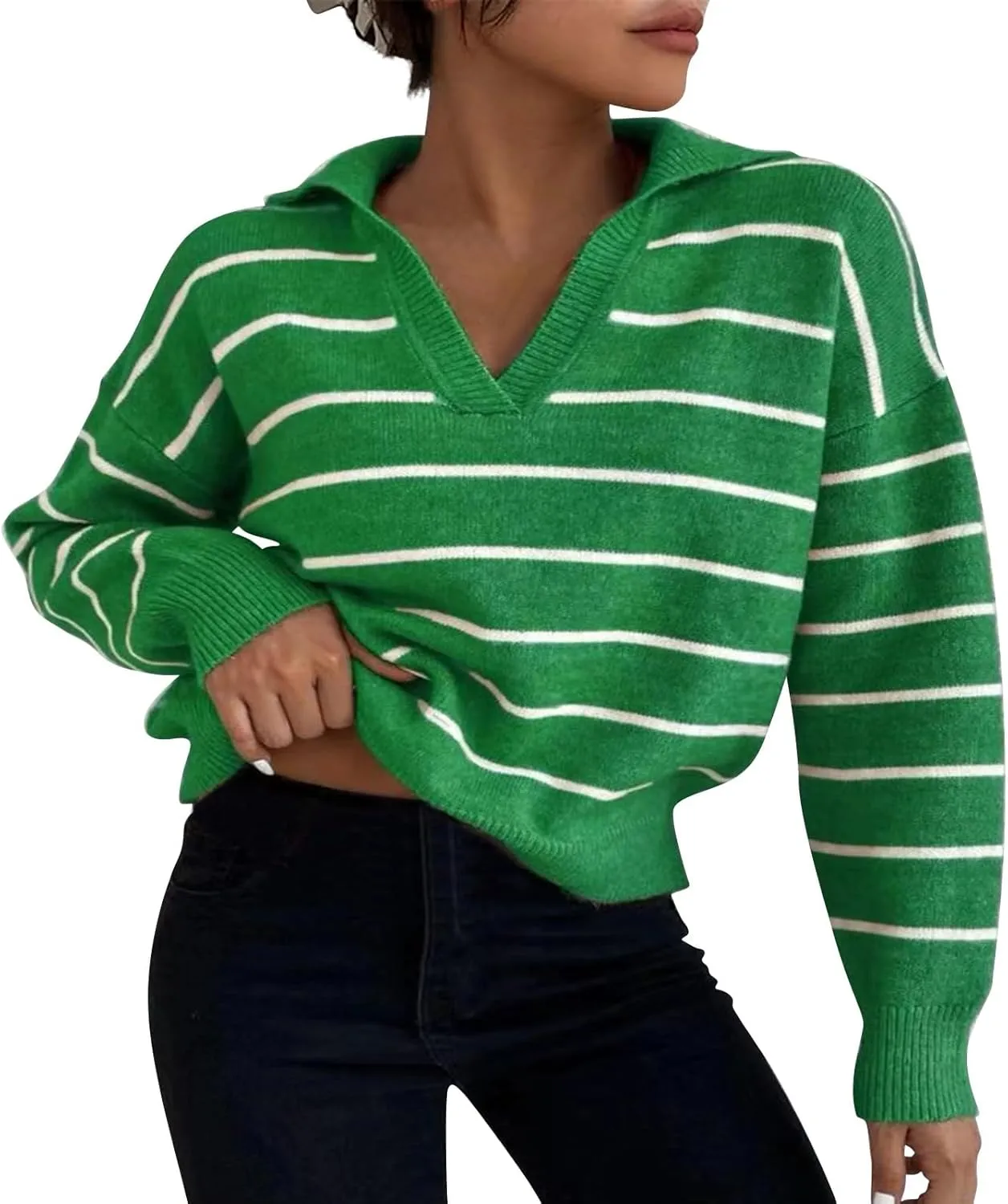 Fashion Sweater for Women Striped Kint Lapel Collar V Neck Long Sleeve Vintage Soft Crop Tops Fall Crochet Sweater Top