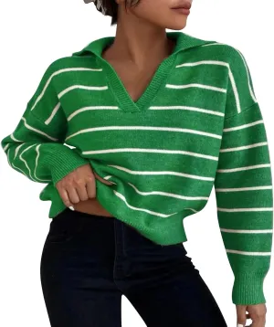 Fashion Sweater for Women Striped Kint Lapel Collar V Neck Long Sleeve Vintage Soft Crop Tops Fall Crochet Sweater Top