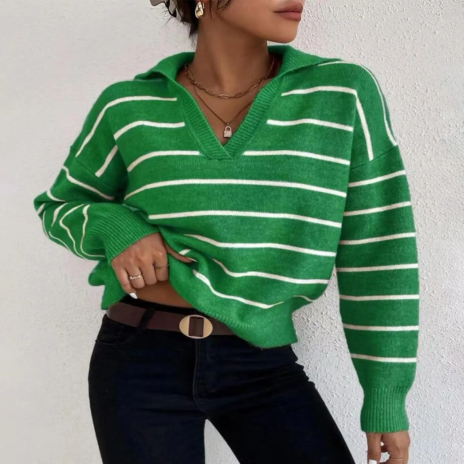 Fashion Sweater for Women Striped Kint Lapel Collar V Neck Long Sleeve Vintage Soft Crop Tops Fall Crochet Sweater Top