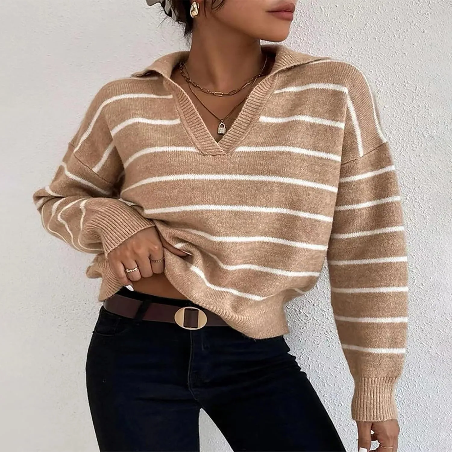 Fashion Sweater for Women Striped Kint Lapel Collar V Neck Long Sleeve Vintage Soft Crop Tops Fall Crochet Sweater Top