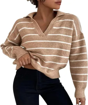 Fashion Sweater for Women Striped Kint Lapel Collar V Neck Long Sleeve Vintage Soft Crop Tops Fall Crochet Sweater Top