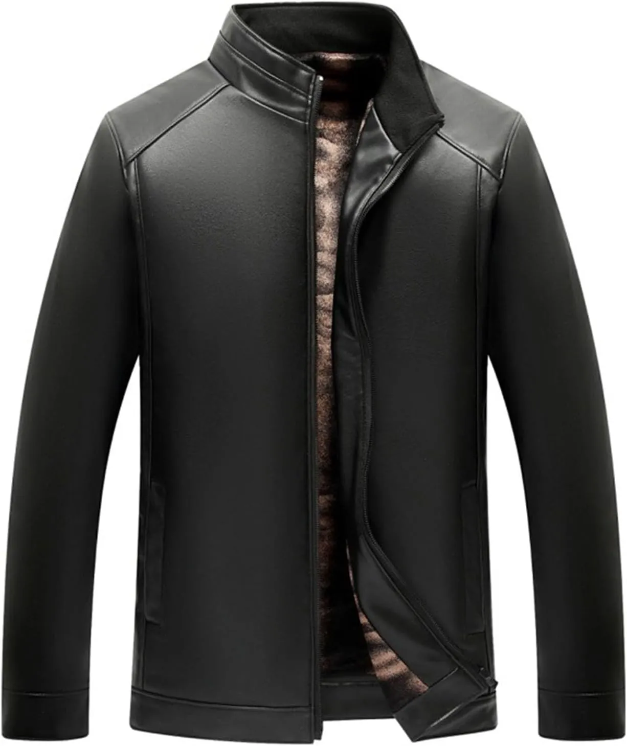Faux Leather Jacket For Men Lapel Collar Bomber Jackets Motorcycle Full Zip-Up Slim Fit Biker Business Coat Outwear