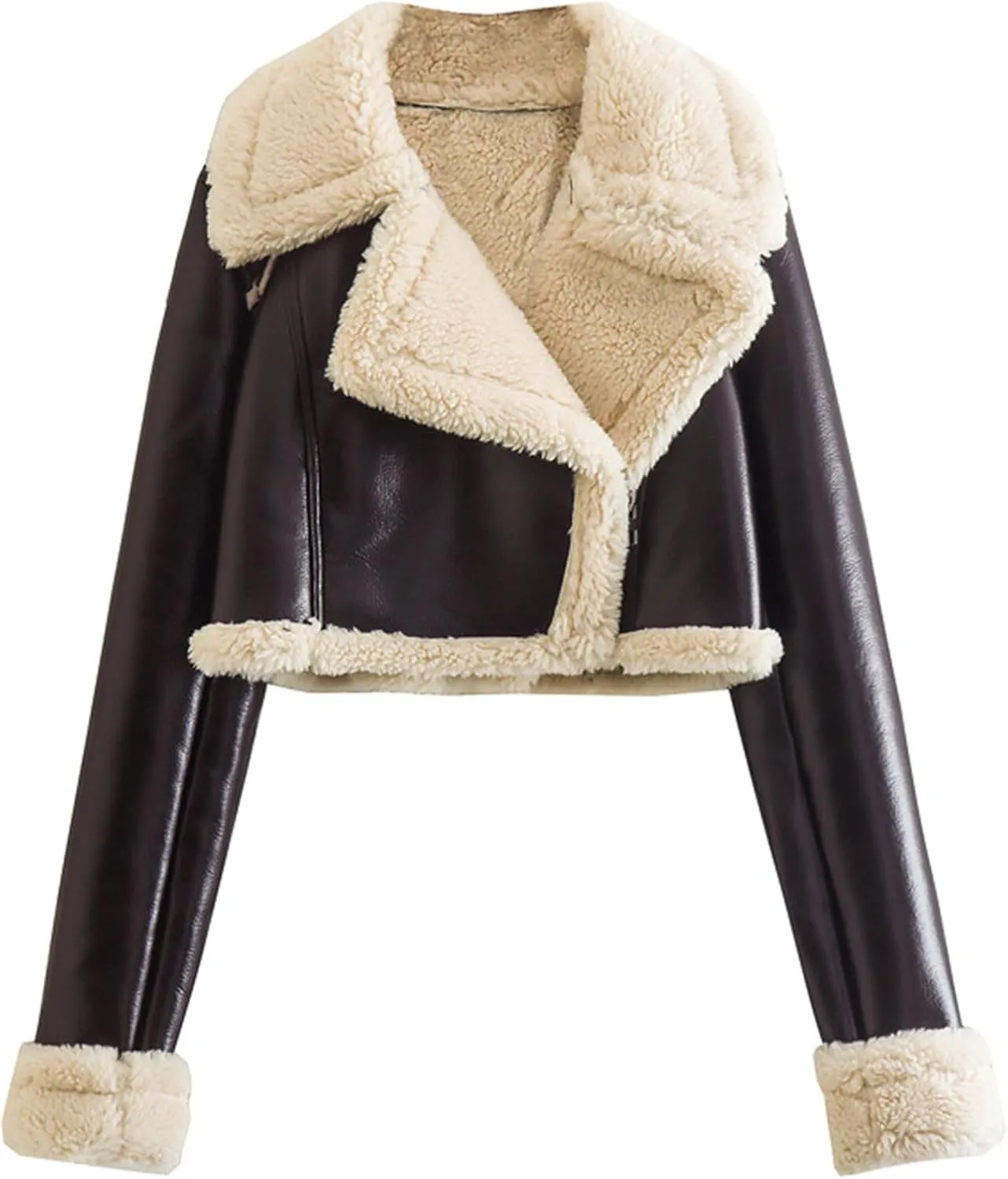 Faux Leather Jacket for Women Cropped Sherpa Lined Jacket Coat Faux Shearing Fur Warm Coat Thicken Fleece Lined Parka