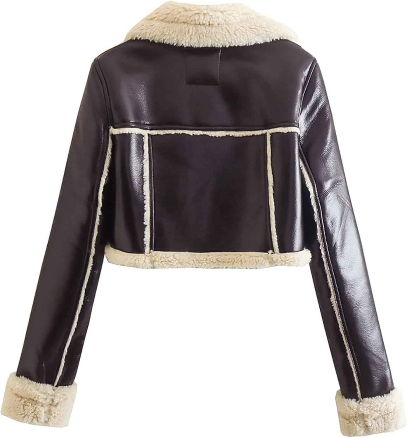 Faux Leather Jacket for Women Cropped Sherpa Lined Jacket Coat Faux Shearing Fur Warm Coat Thicken Fleece Lined Parka