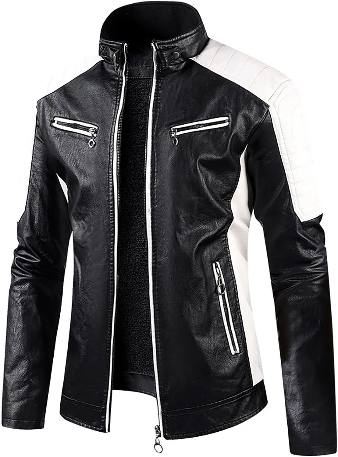 Faux Leather Jacket Men Slim Fit Racer Motorcycle Jackets Moto Coats Trendy Color Block Bomber Jacket