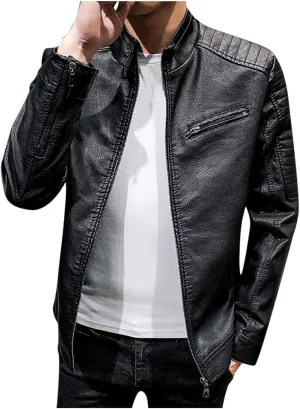 Faux Leather Jacket Mens Slim Fit Stand Collar Zip Up PU Leather Coat Motorcycle Biker Jacket with Pockets