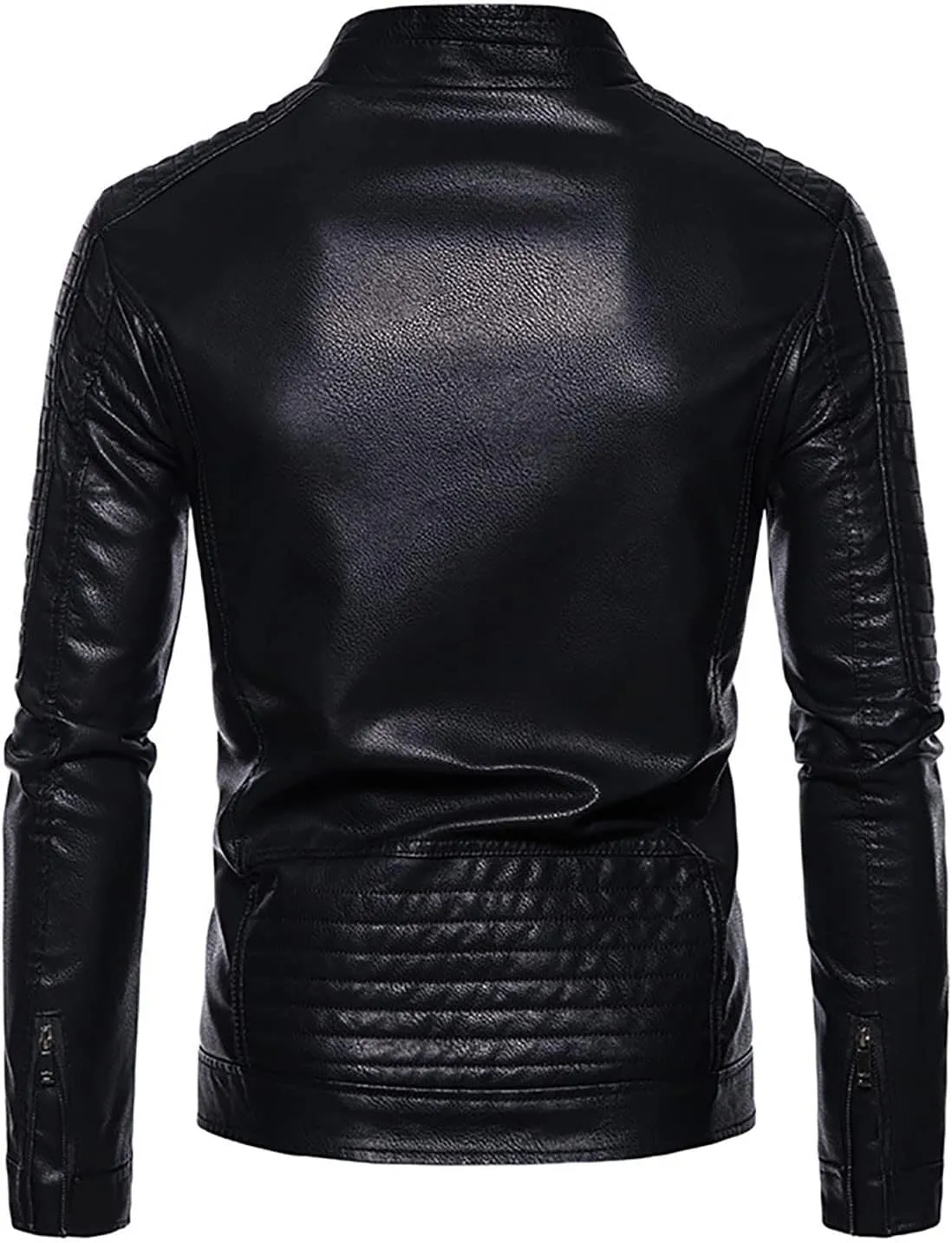 Faux Leather Jacket Mens Slim Fit Stand Collar Zip Up PU Leather Coat Motorcycle Biker Jacket with Pockets