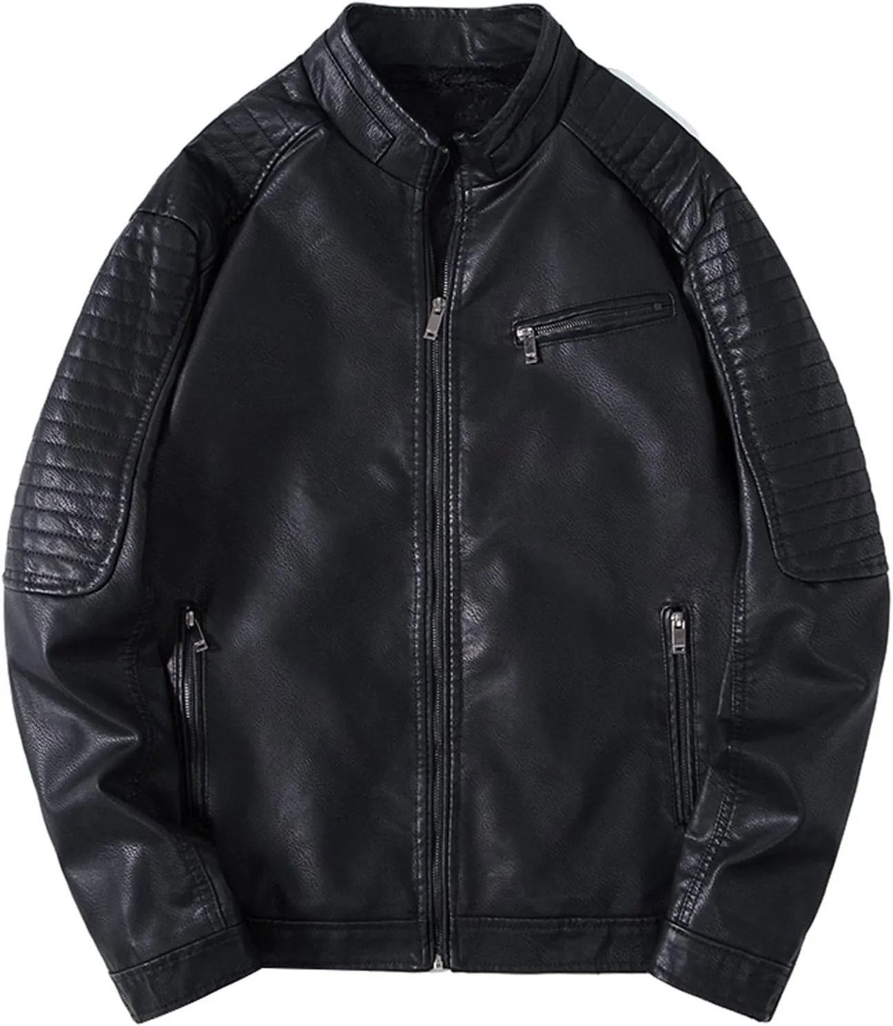 Faux Leather Jacket Mens Slim Fit Stand Collar Zip Up PU Leather Coat Motorcycle Biker Jacket with Pockets