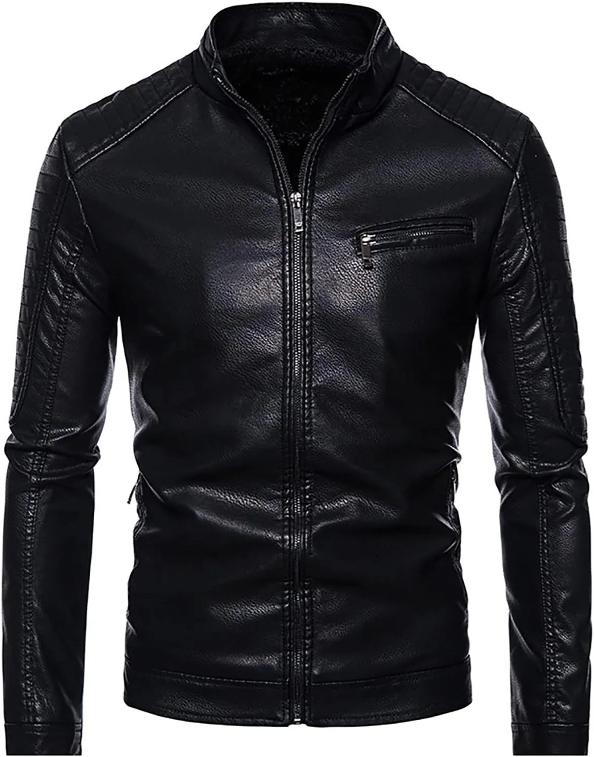Faux Leather Jacket Mens Slim Fit Stand Collar Zip Up PU Leather Coat Motorcycle Biker Jacket with Pockets