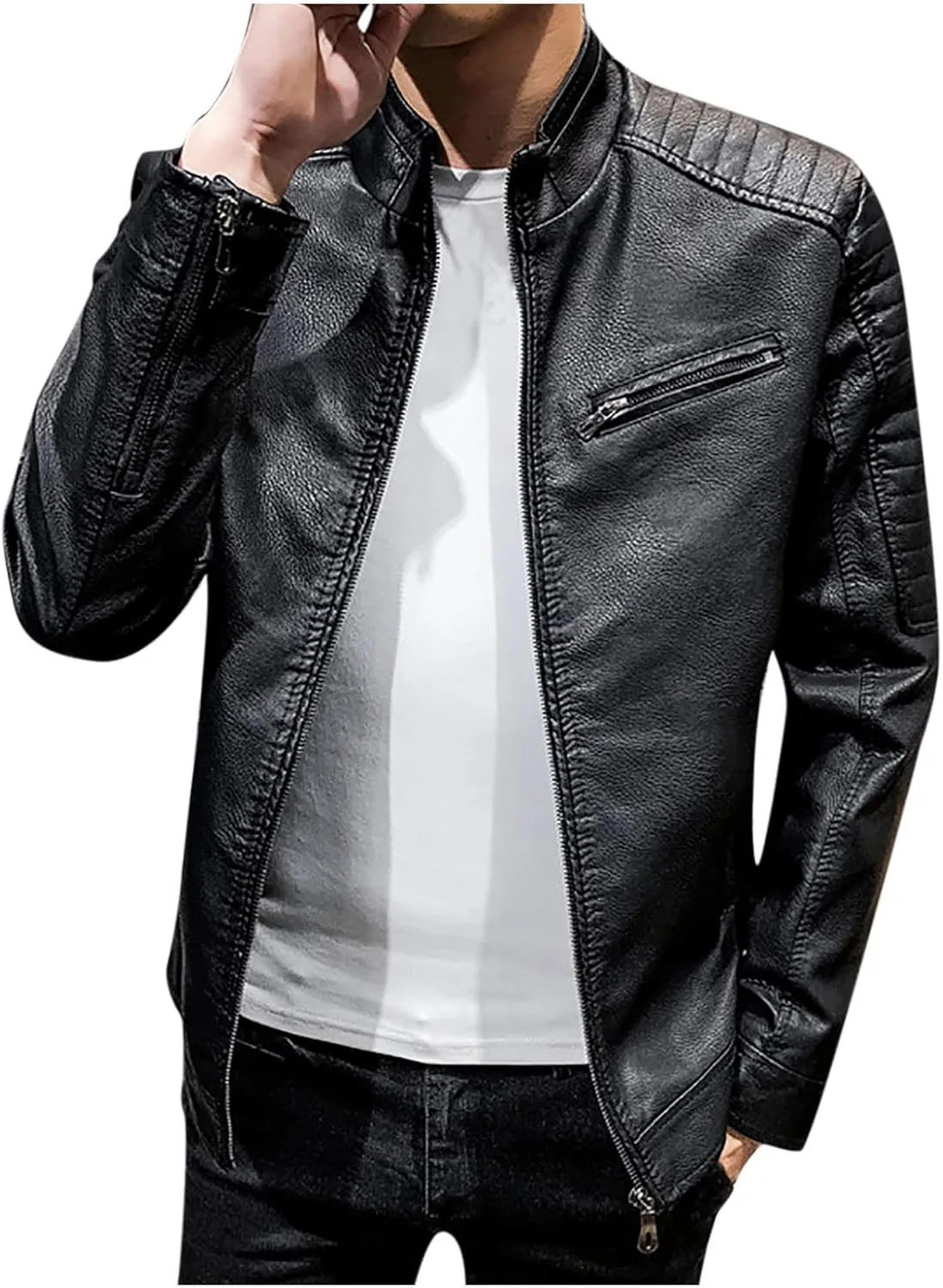 Faux Leather Jacket Mens Slim Fit Stand Collar Zip Up PU Leather Coat Motorcycle Biker Jacket with Pockets