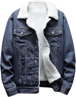 Finelylove Mens Sherpa Fleece Jean Jacket Thicken Denim Trucker Jacket Lapel Neck Warm Fall Winter Coat Windbreaker