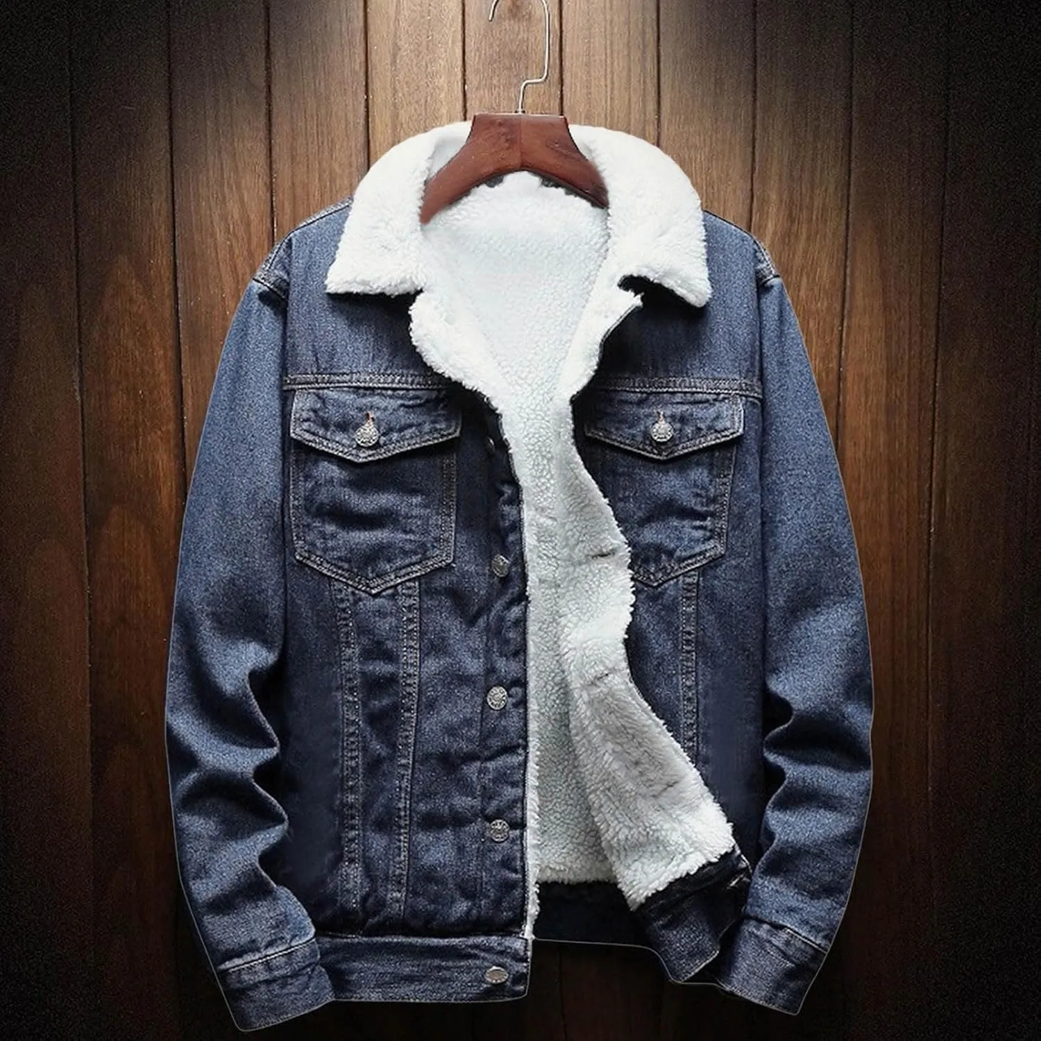 Finelylove Mens Sherpa Fleece Jean Jacket Thicken Denim Trucker Jacket Lapel Neck Warm Fall Winter Coat Windbreaker