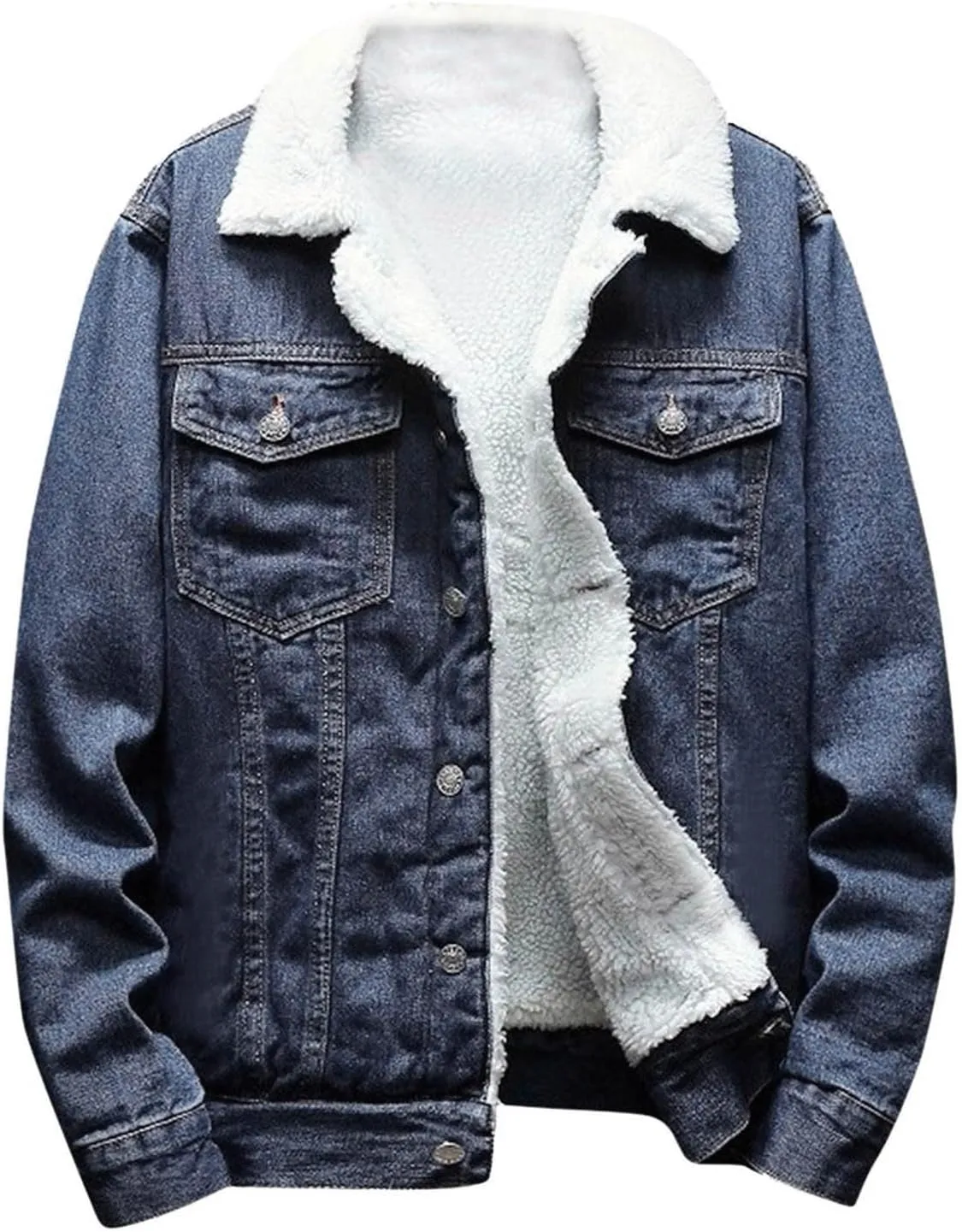 Finelylove Mens Sherpa Fleece Jean Jacket Thicken Denim Trucker Jacket Lapel Neck Warm Fall Winter Coat Windbreaker
