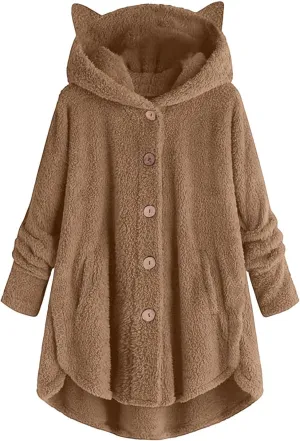 Fleece Jackets for Women,Women Plus Size Button Plush Tops Hooded Patchwork Loose Cardigan Wool Coat Winter Jacket
