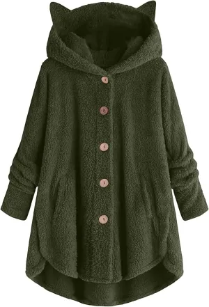 Fleece Jackets for Women,Women Plus Size Button Plush Tops Hooded Patchwork Loose Cardigan Wool Coat Winter Jacket