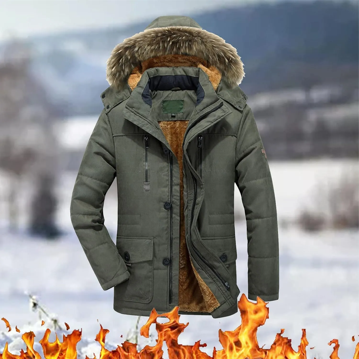 Fleece Lined Parka Jacket for Men Zip Up Hooded Padded Jacket Big and Tall Thicken Puffer Coat Warm Military Jackets