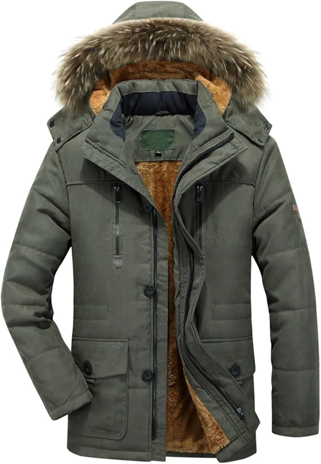 Fleece Lined Parka Jacket for Men Zip Up Hooded Padded Jacket Big and Tall Thicken Puffer Coat Warm Military Jackets