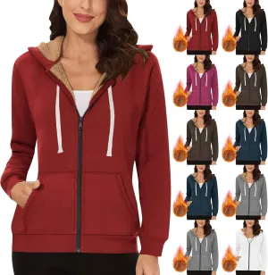 Fleece Lined Zip Up Hoodie Women Plus Size Hooded Sweatshirt Fuzzy Sherpa Lined Jacket Casual Drawstring Winter Coats