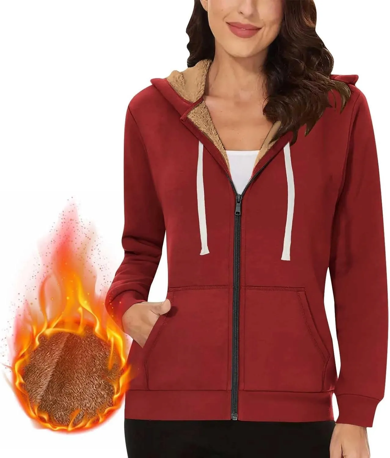 Fleece Lined Zip Up Hoodie Women Plus Size Hooded Sweatshirt Fuzzy Sherpa Lined Jacket Casual Drawstring Winter Coats