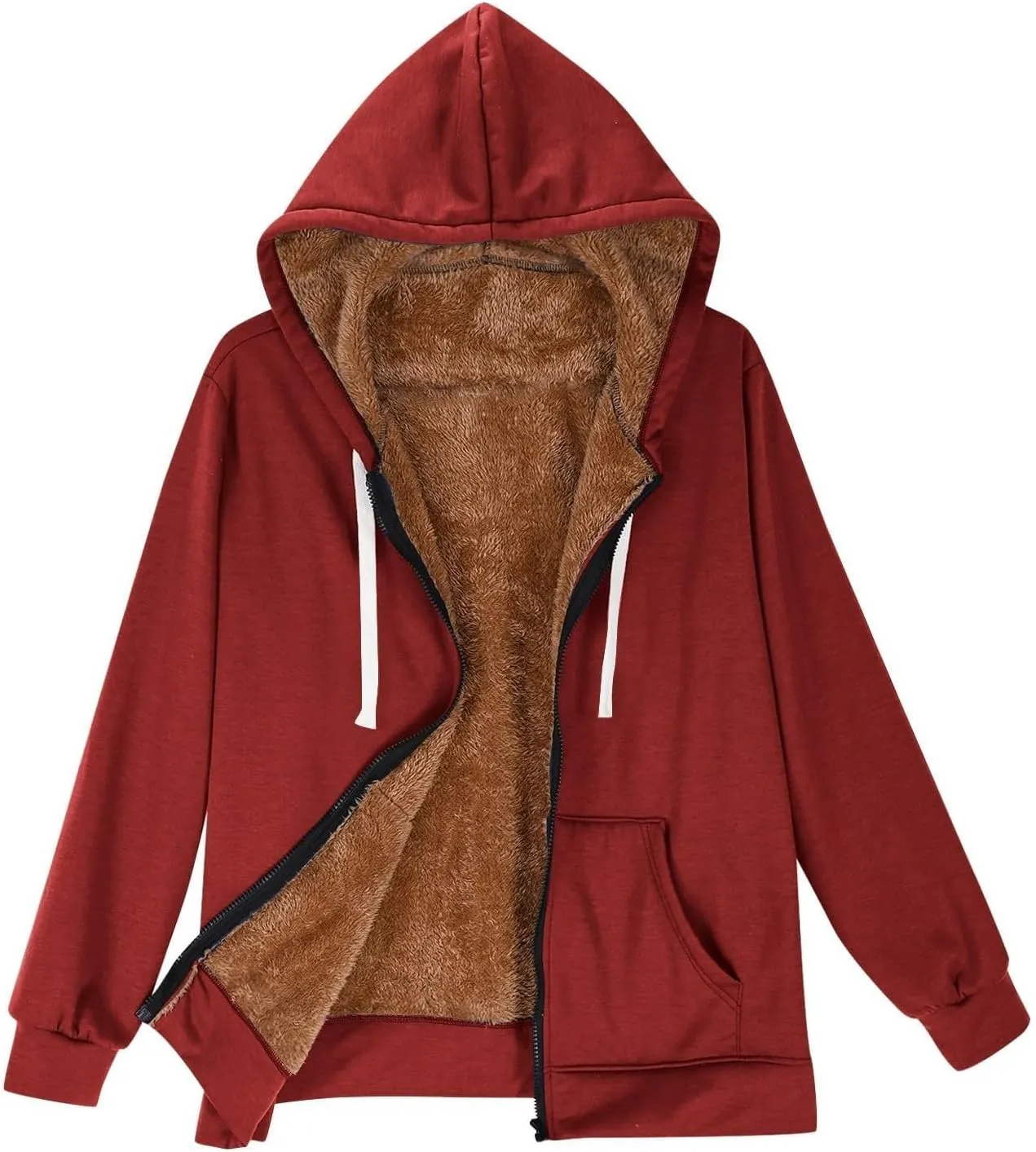 Fleece Lined Zip Up Hoodie Women Plus Size Hooded Sweatshirt Fuzzy Sherpa Lined Jacket Casual Drawstring Winter Coats