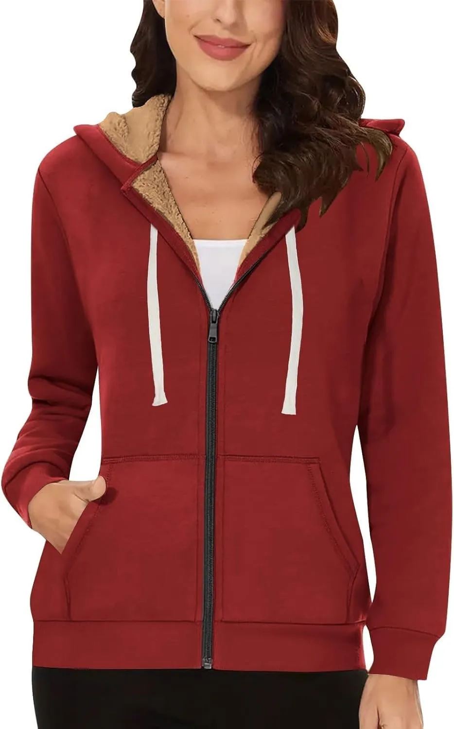 Fleece Lined Zip Up Hoodie Women Plus Size Hooded Sweatshirt Fuzzy Sherpa Lined Jacket Casual Drawstring Winter Coats