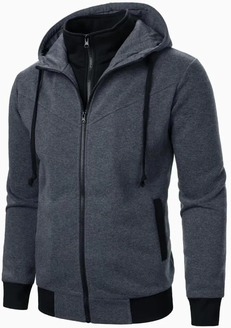 FMCHICO Men's Hooded Jacket Slim Fit Double Zipper Turtleneck Fleece Hoodie Outerwear