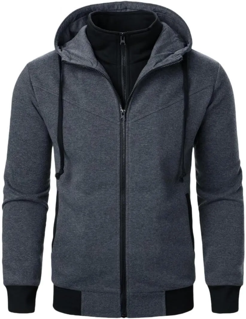 FMCHICO Men's Hooded Jacket Slim Fit Double Zipper Turtleneck Fleece Hoodie Outerwear