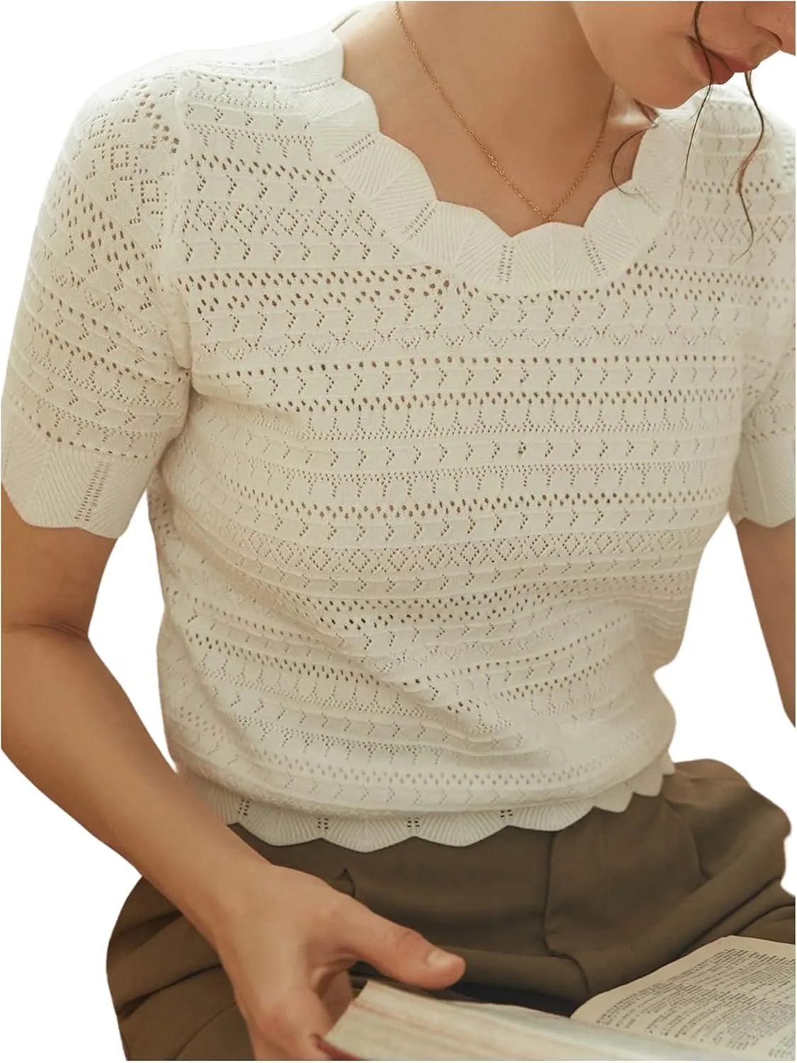 GORGLITTER Women's Crochet Short Sleeve Pullover Sweaters Round Neck Scallop Pointelle Knit Lightweight Sweaters