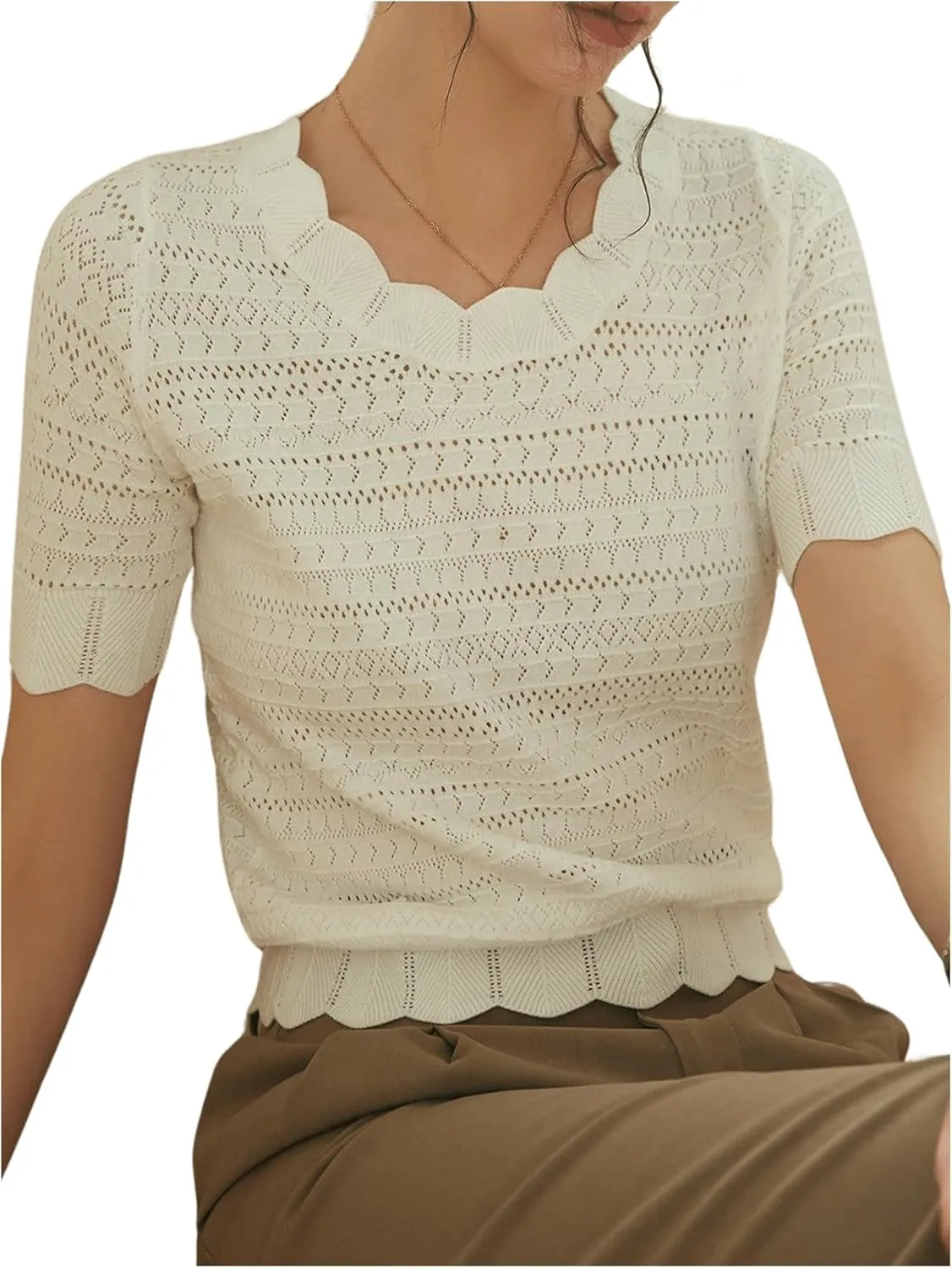 GORGLITTER Women's Crochet Short Sleeve Pullover Sweaters Round Neck Scallop Pointelle Knit Lightweight Sweaters