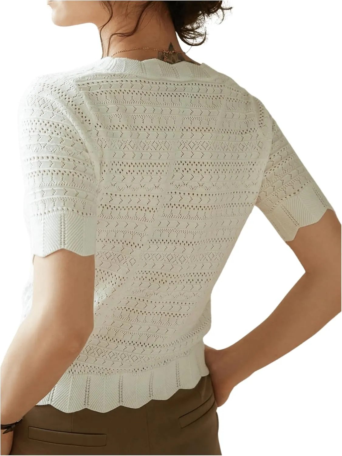 GORGLITTER Women's Crochet Short Sleeve Pullover Sweaters Round Neck Scallop Pointelle Knit Lightweight Sweaters