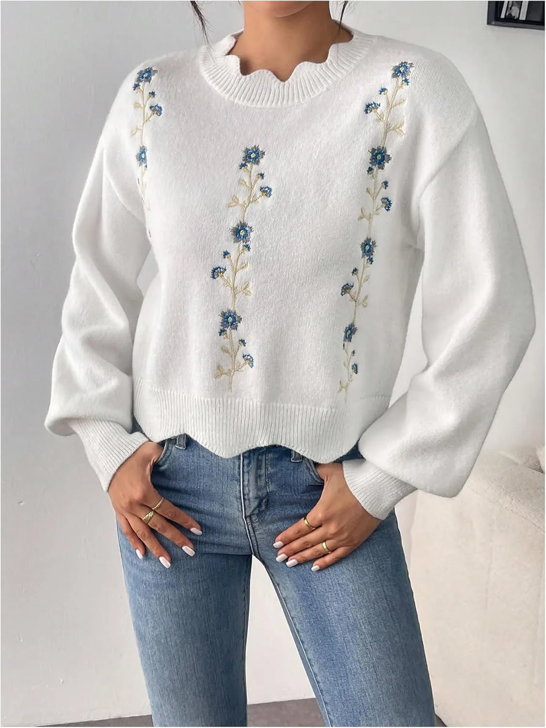 GORGLITTER Women's Floral Embroidered Crochet Sweaters Long Sleeve Lightweight Knit Flower Pullover Sweaters