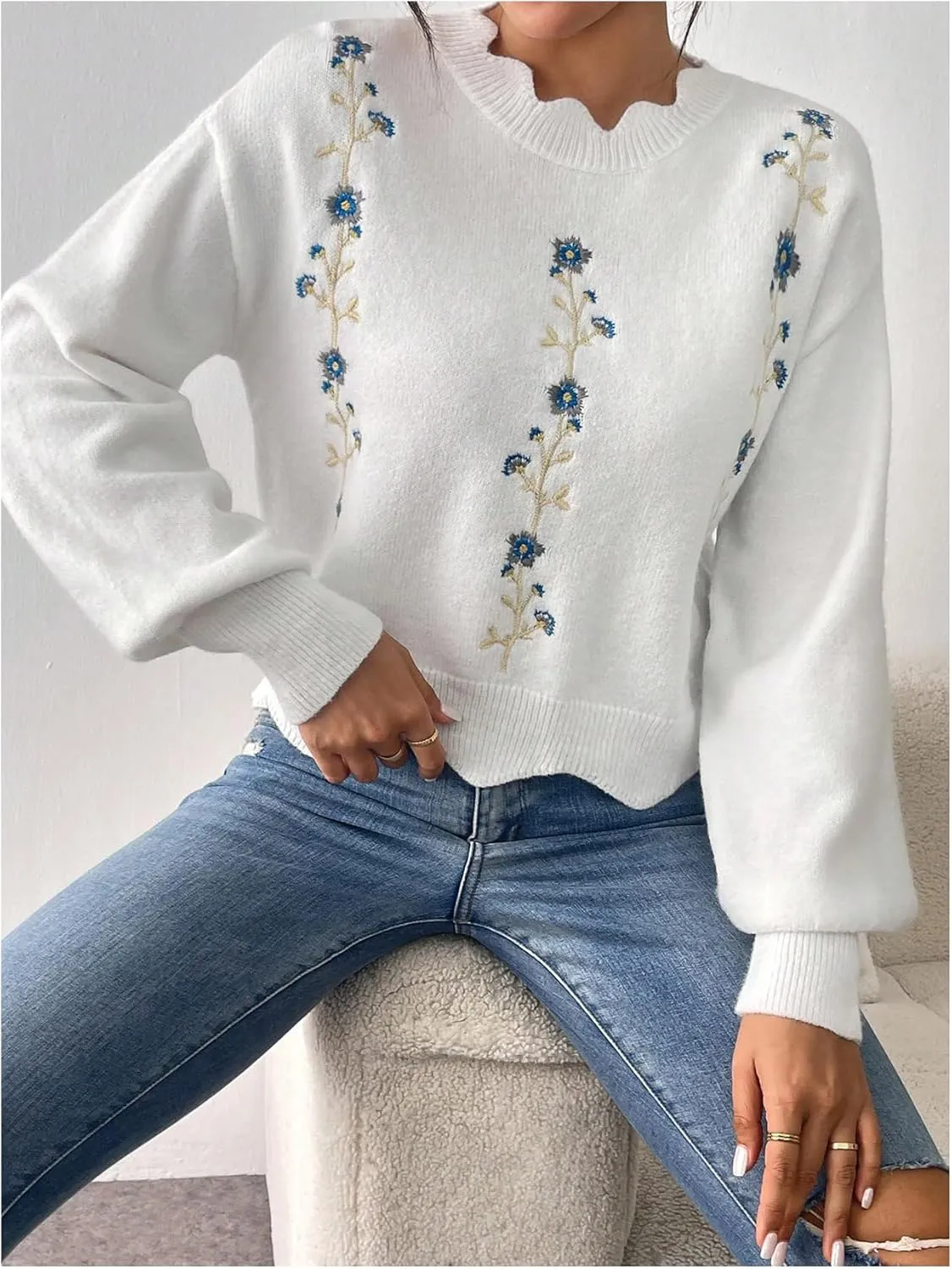 GORGLITTER Women's Floral Embroidered Crochet Sweaters Long Sleeve Lightweight Knit Flower Pullover Sweaters