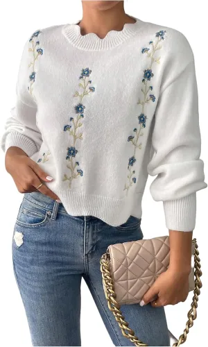 GORGLITTER Women's Floral Embroidered Crochet Sweaters Long Sleeve Lightweight Knit Flower Pullover Sweaters