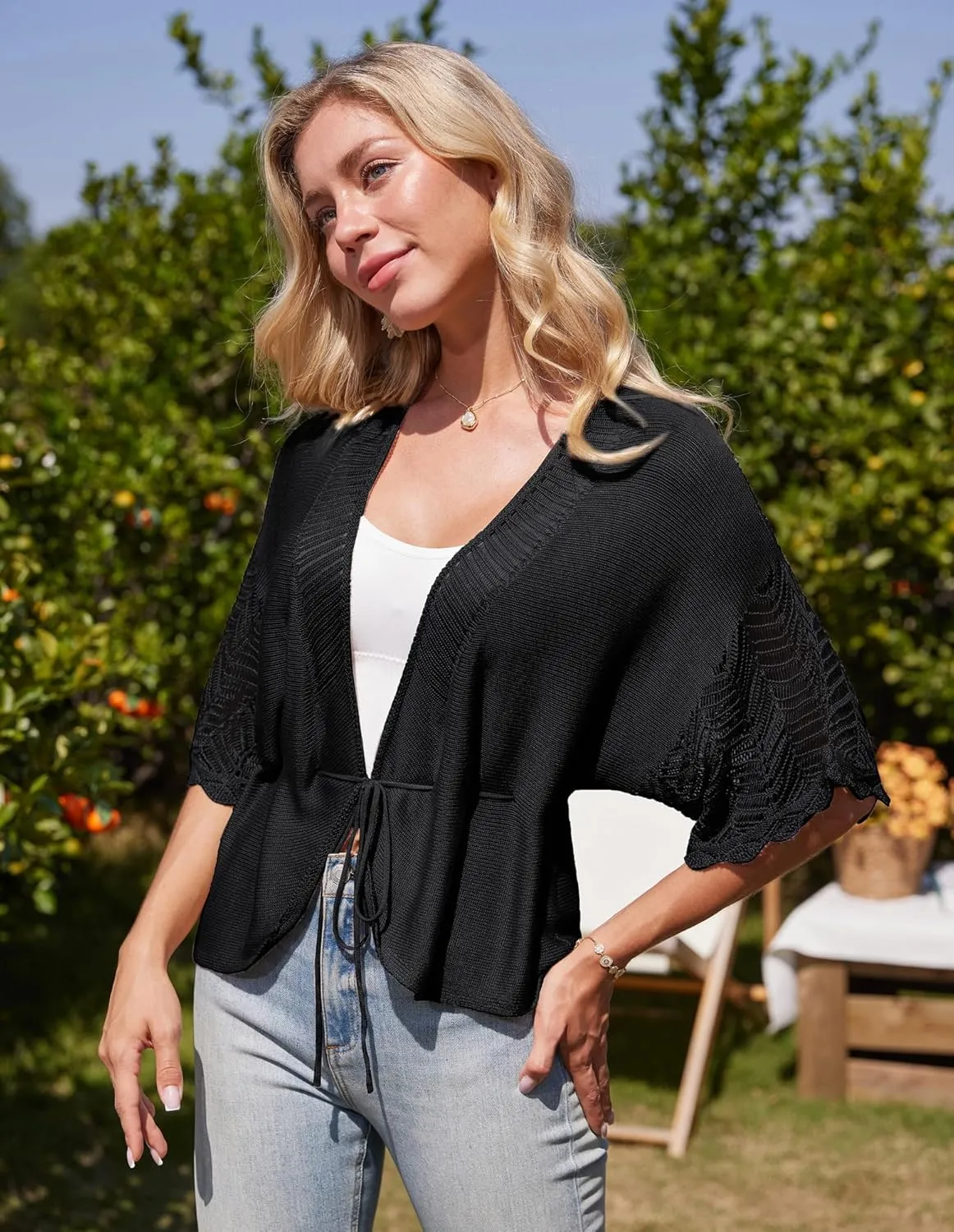 GRACE KARIN Women's Short Sleeve Crochet Open Front Cropped Cardigan Sweaters for Women 2025