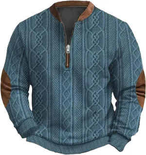 Half Zip Pullover Vintage Long Sleeve Sweatshirt Elbow Patch Sweatshirt Fashion Hoodless Western Top