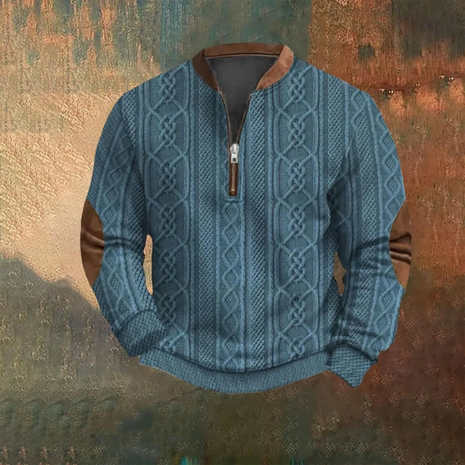 Half Zip Pullover Vintage Long Sleeve Sweatshirt Elbow Patch Sweatshirt Fashion Hoodless Western Top