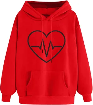 Heart Print Hoodie for Women Casual Pullover Long Sleeve Soft Fleece Relaxed Fit with Hood Lightweight for Dailywear