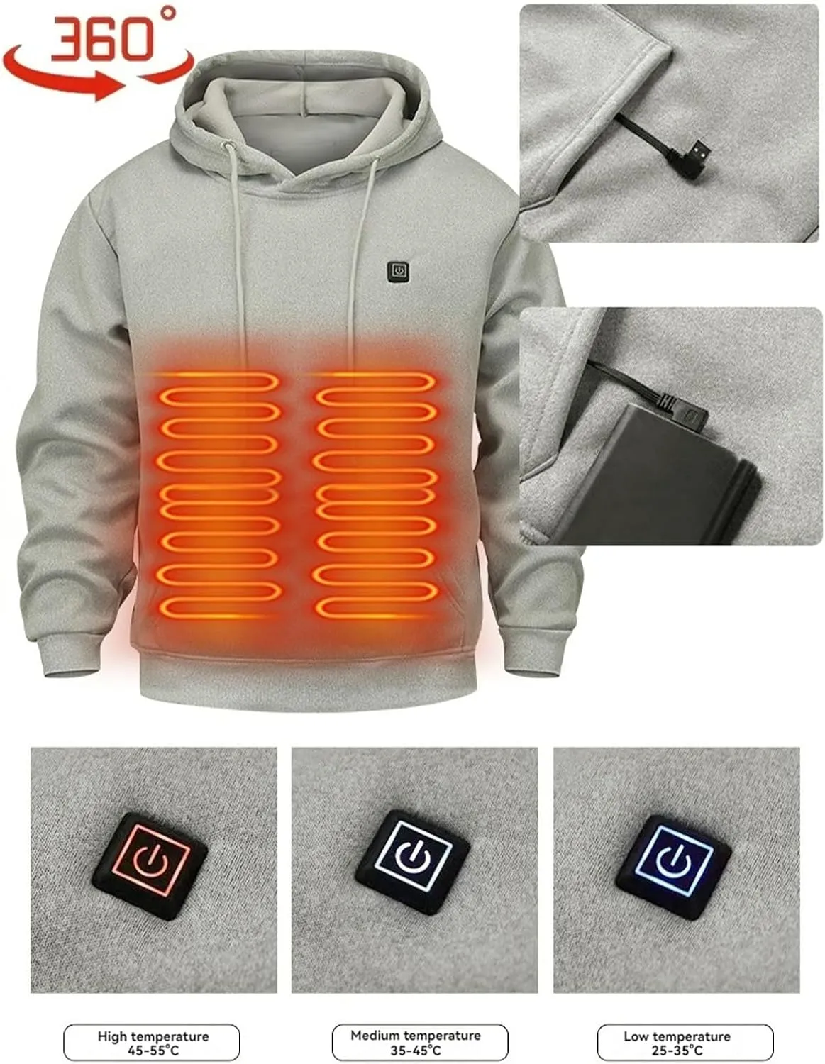 Heated Hoodie Unisex Heated Pullover Sweatshirt Thick Warm Hooded Long Sleeve Casual Tops Heating Coat with USB