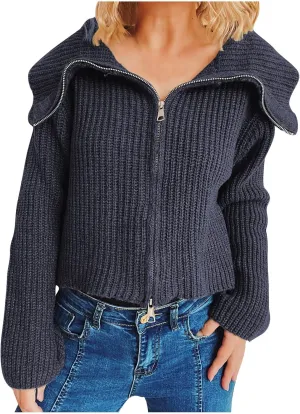 HGps8w Cardigans for Women Lapel Collar Zip Up Sweaters Cozy Long Sleeve Versatile Casual Chunky Knit Outerwear