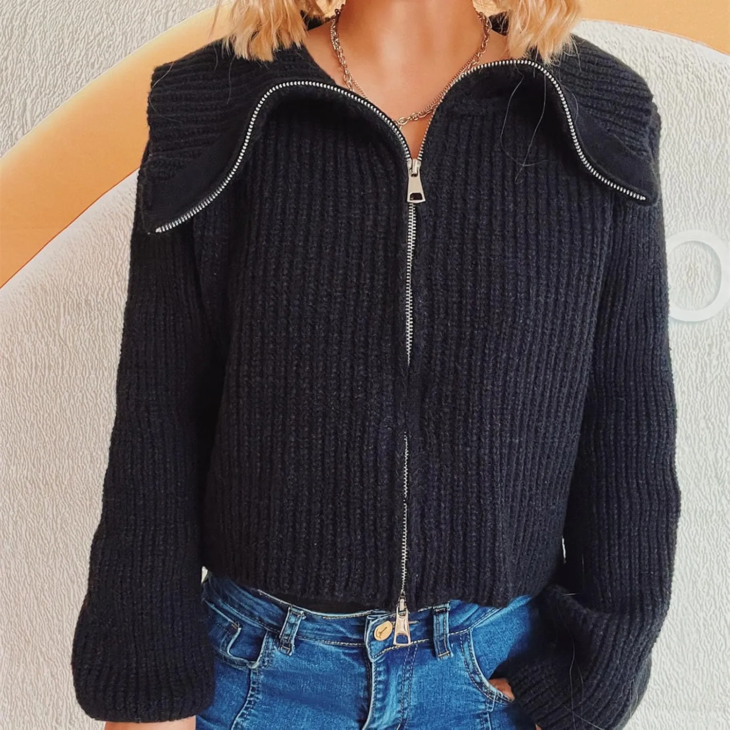 HGps8w Cardigans for Women Lapel Collar Zip Up Sweaters Cozy Long Sleeve Versatile Casual Chunky Knit Outerwear