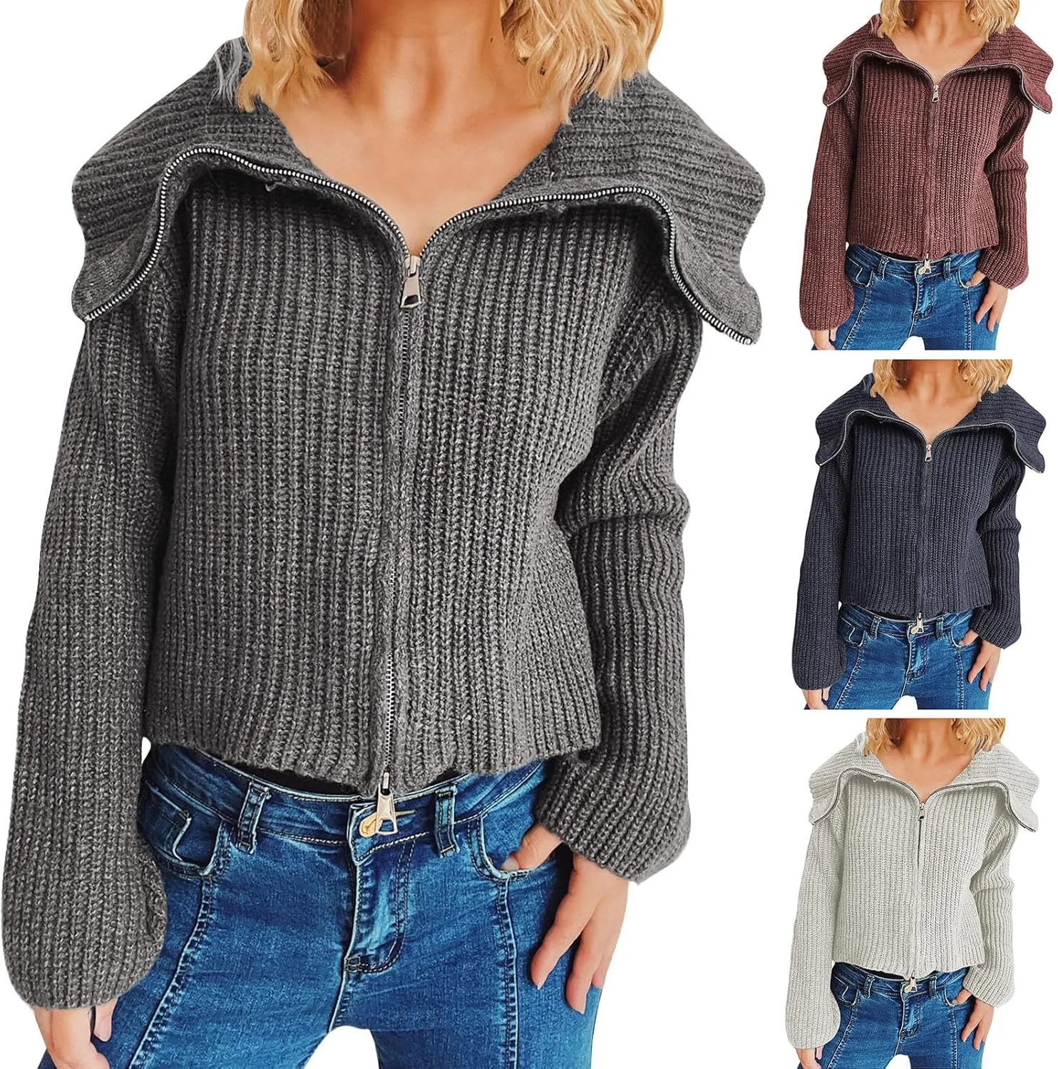 HGps8w Cardigans for Women Lapel Collar Zip Up Sweaters Cozy Long Sleeve Versatile Casual Chunky Knit Outerwear