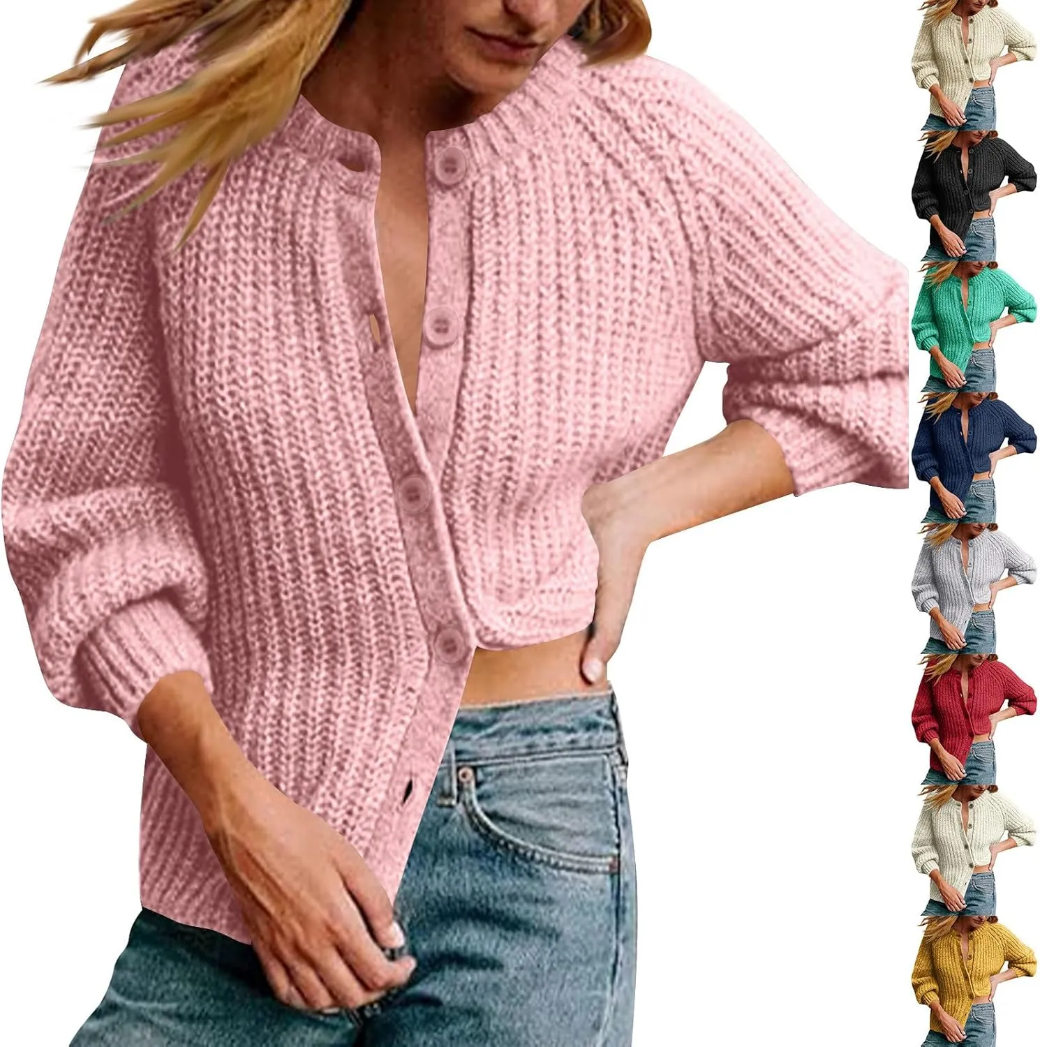 HGps8w Women's Chunky Knit Sweater Cardigans - Elegant Lantern Long Sleeve Loose Button Down Outerwear Coats
