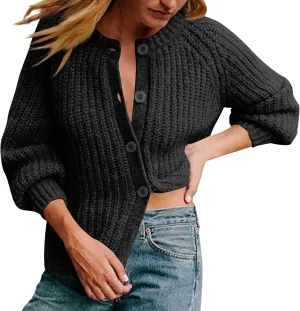 HGps8w Women's Chunky Knit Sweater Cardigans - Elegant Lantern Long Sleeve Loose Button Down Outerwear Coats