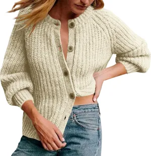 HGps8w Women's Chunky Knit Sweater Cardigans - Elegant Lantern Long Sleeve Loose Button Down Outerwear Coats