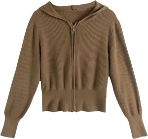 HGps8w Women's Crop Full Zip Knit Hooded Cardigans Open Front Long Sleeve Fall Winter Sweater Coat Outerwear