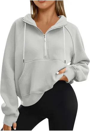 hlysgo Womens Half Zip Cropped Pullover Hoodies Fleece Quarter Zipper Hoodie Sweatshirts Fall Winter Clothes Thumb Hole