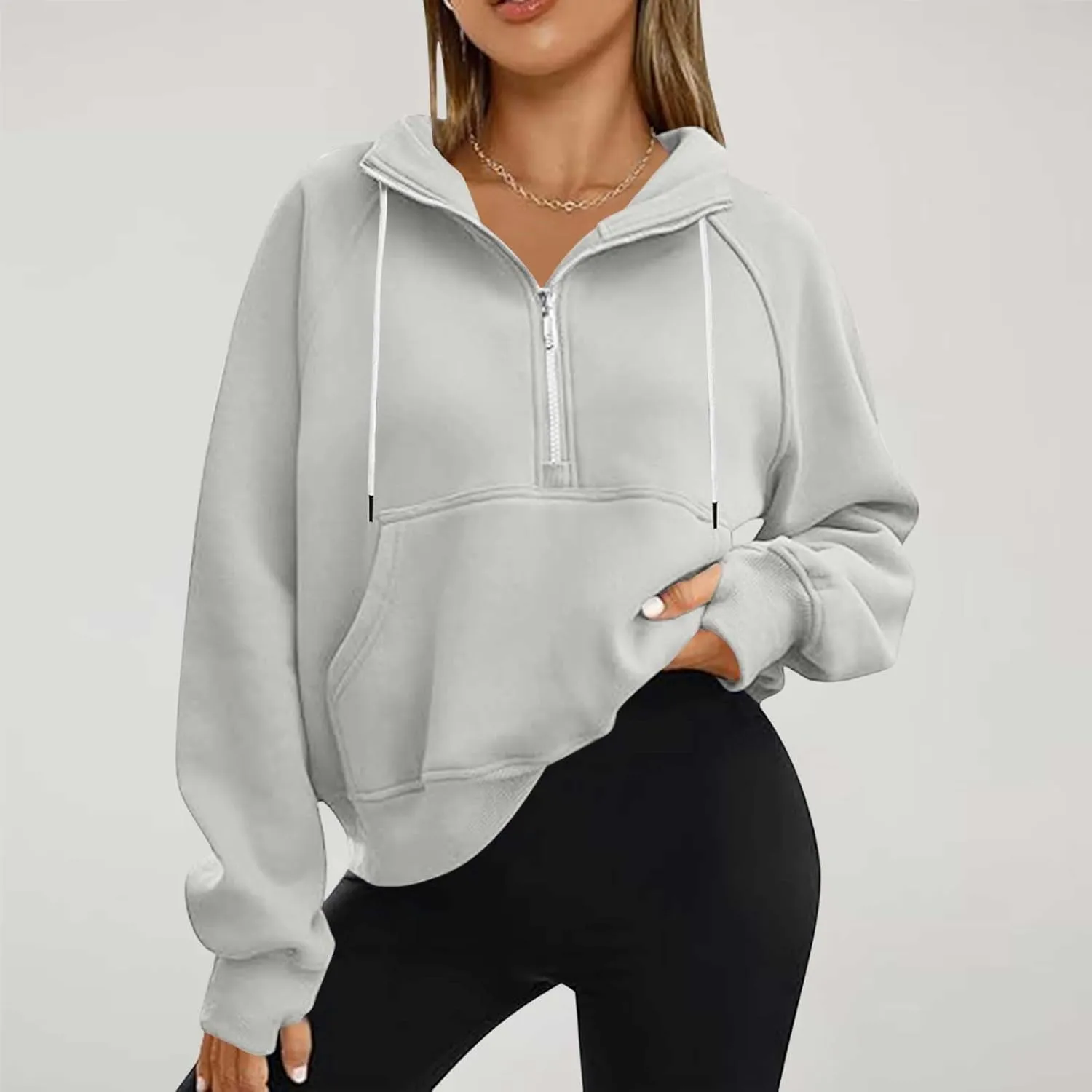 hlysgo Womens Half Zip Cropped Pullover Hoodies Fleece Quarter Zipper Hoodie Sweatshirts Fall Winter Clothes Thumb Hole
