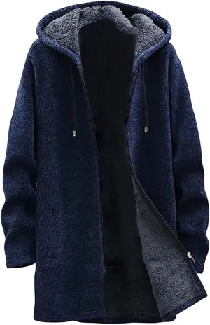 Hooded Sweater Jacket for Men Fleece Lined Long Trench Coats Winter Warm Windbreaker Overcoat with Pockets