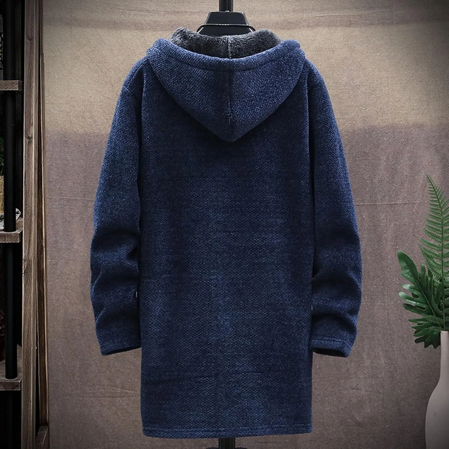 Hooded Sweater Jacket for Men Fleece Lined Long Trench Coats Winter Warm Windbreaker Overcoat with Pockets