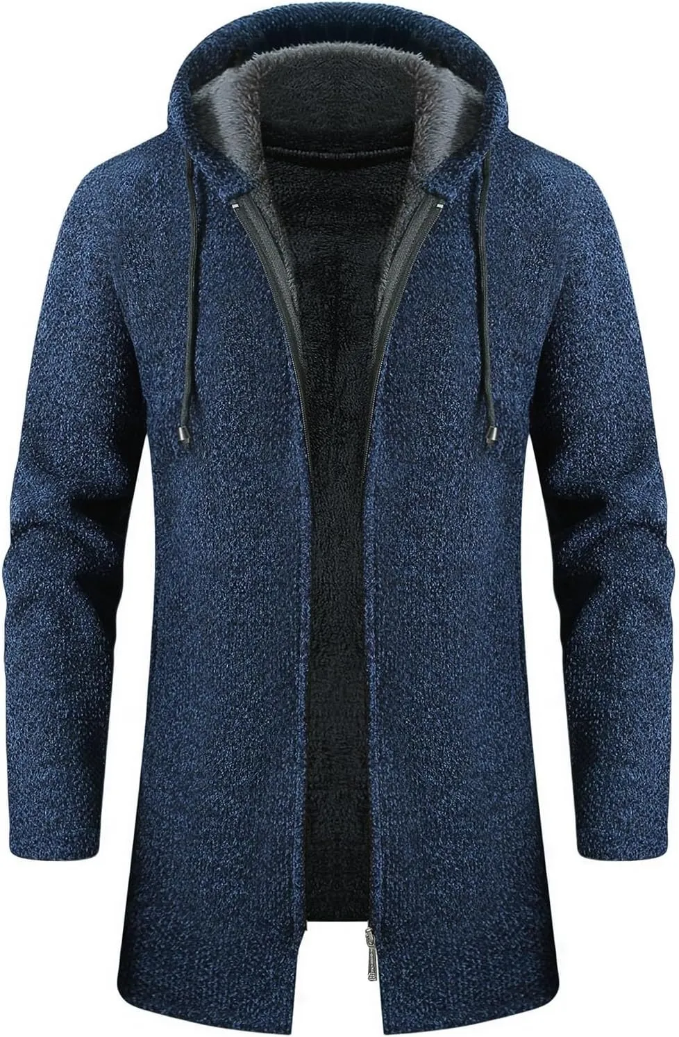 Hooded Sweater Jacket for Men Fleece Lined Long Trench Coats Winter Warm Windbreaker Overcoat with Pockets
